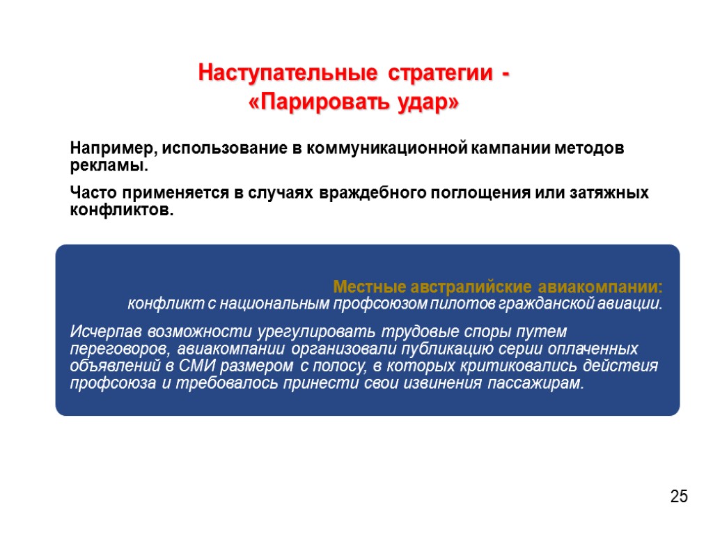 Наступательные стратегии - «Парировать удар» Например, использование в коммуникационной кампании методов рекламы. Часто применяется